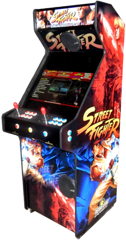 Máquina arcade de Street Fighter con joysticks y botones de colores
